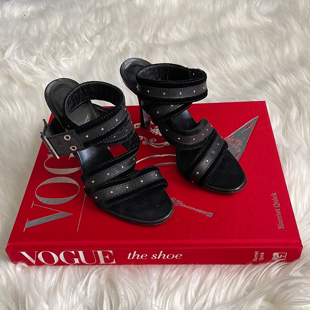 Gucci Black Velvet & Leathers Ankle Strap Heels Size 6.5